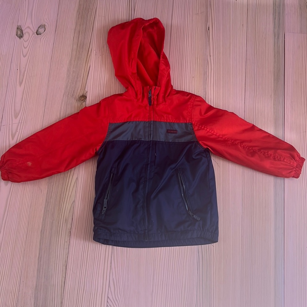 Red, gray, blue warm rain jacket.